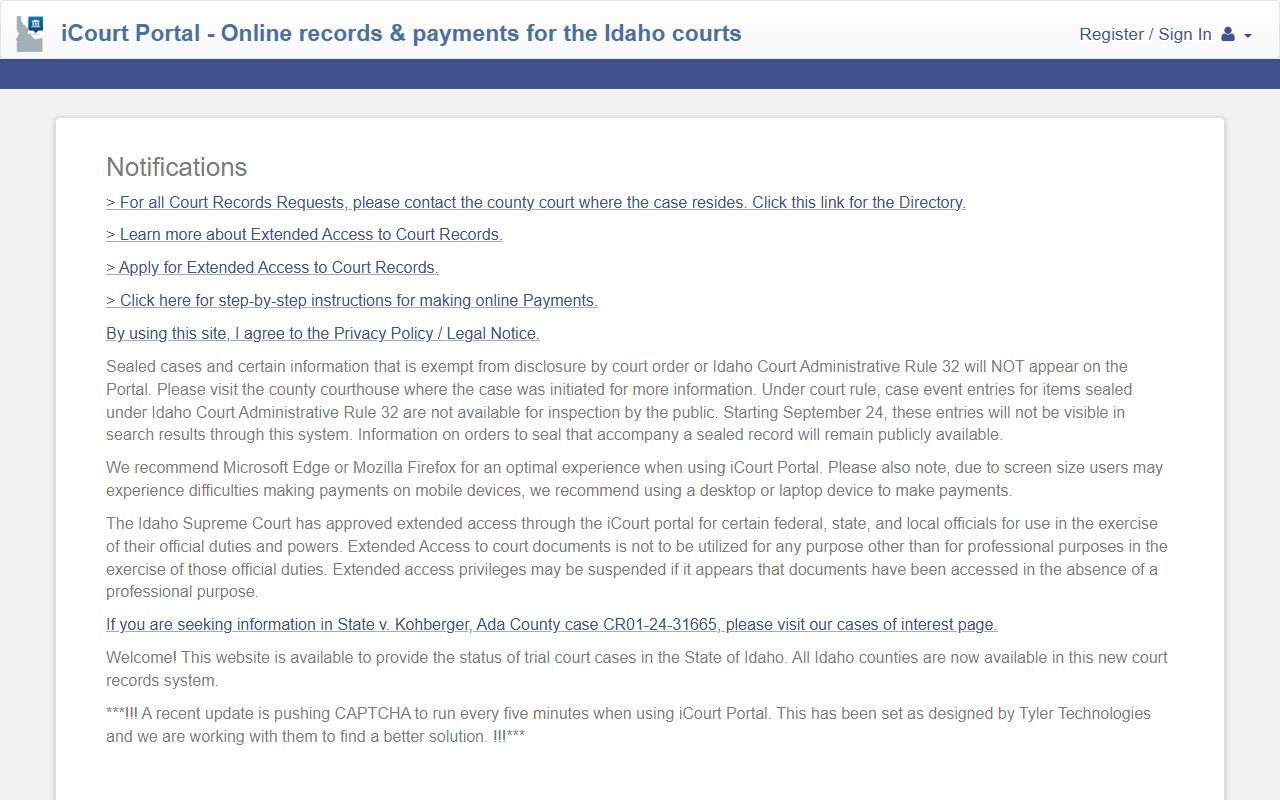 Jerome County court records after jail arrest in Idaho iCourt portal