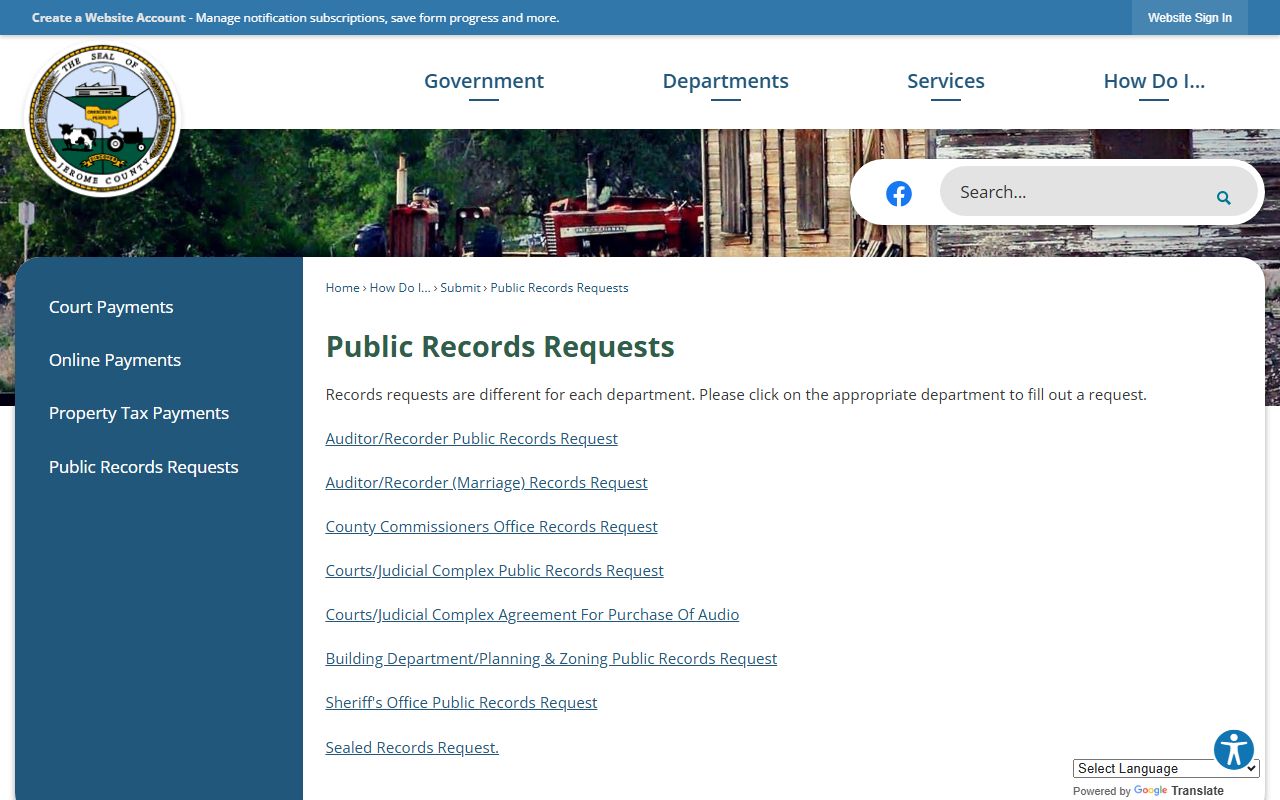 Jerome County booking photo public records request page